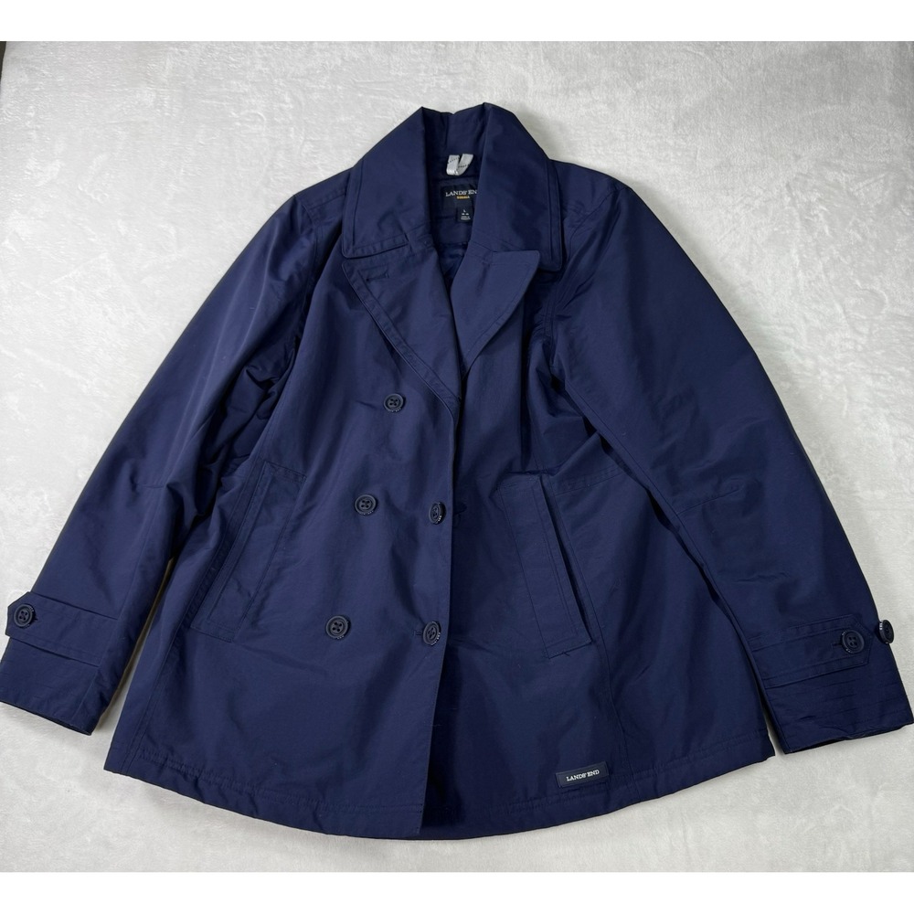 Lands End Squall Jacket Blazer Womens Size Large Navy Waterproof Double Breasted